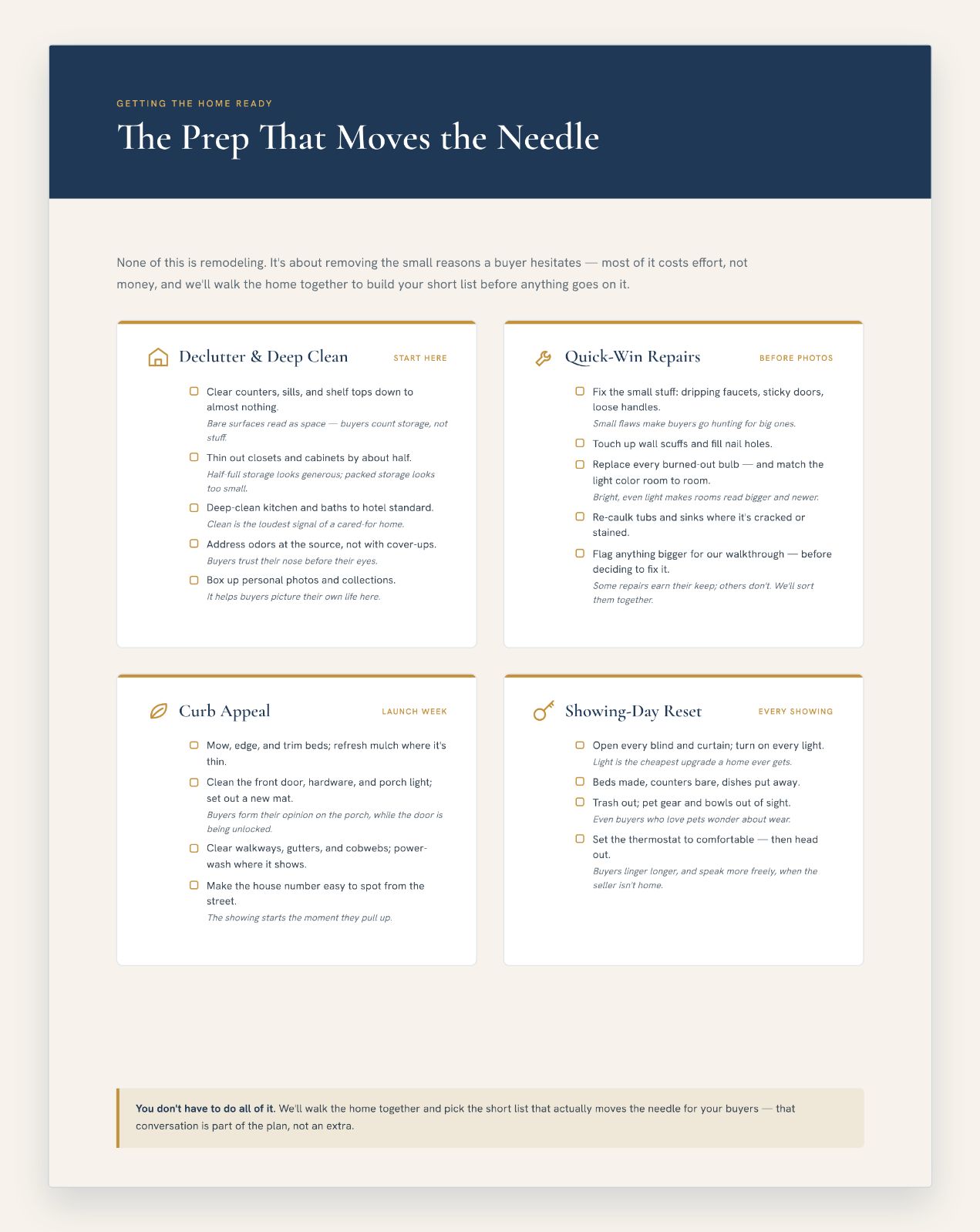 The prep checklist page from our printed guide: declutter and deep clean, quick-win repairs, curb appeal, and showing-day reset.